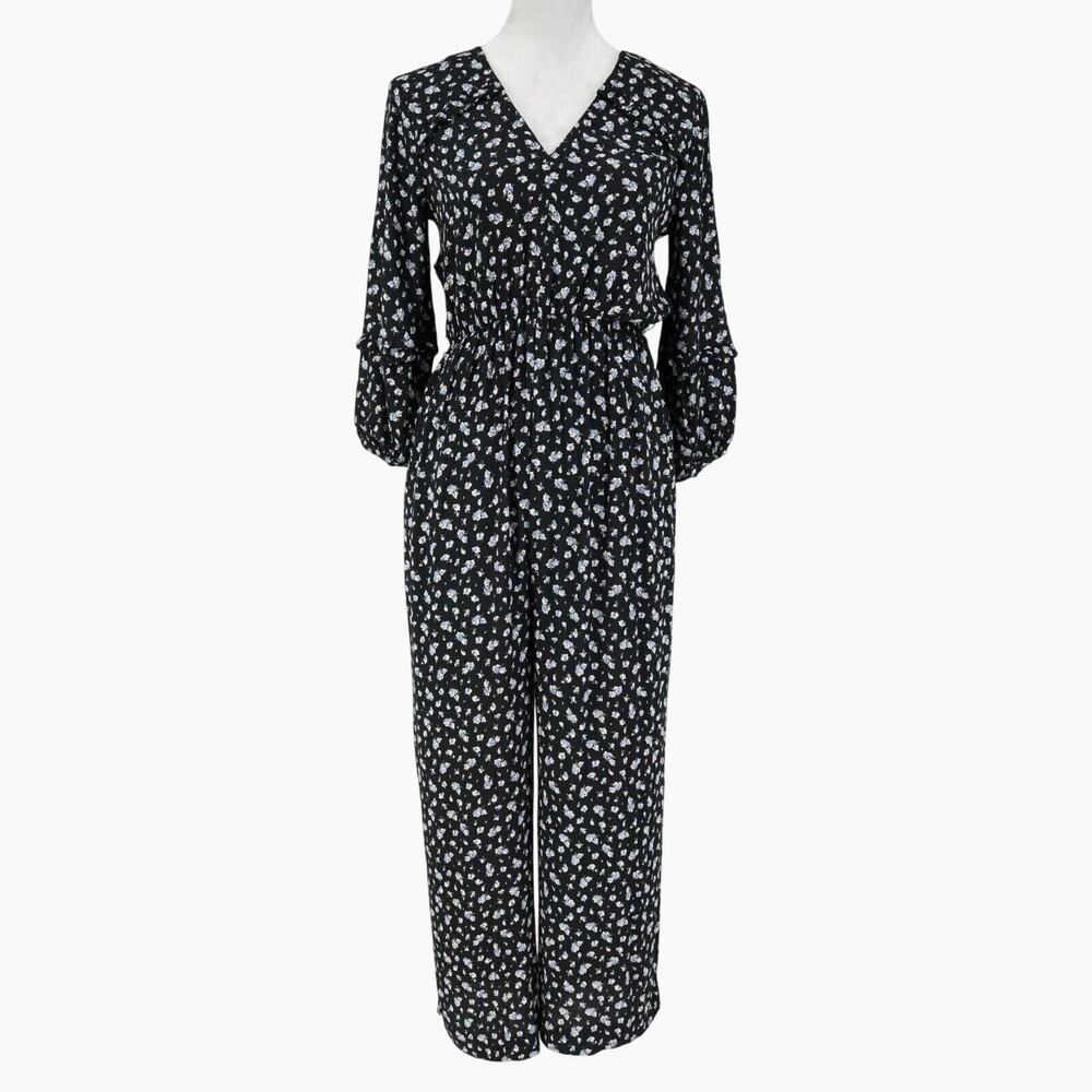 Madewell Jumpsuit Womens 2 Black DItzy Floral Elastic Waist Long Sleeves